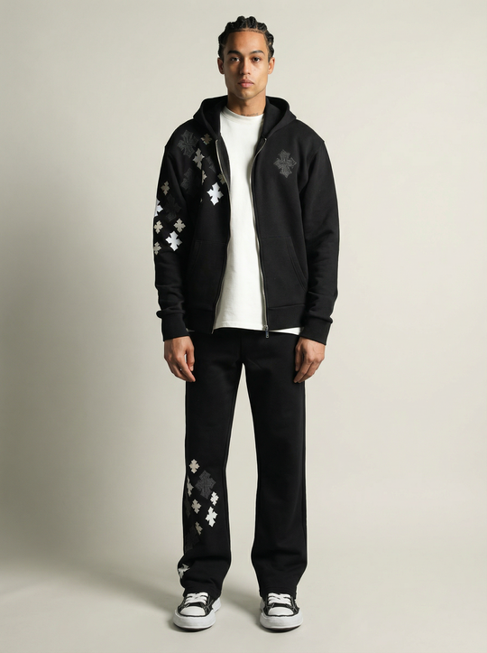 Ensemble Survêtement à Capuche Veste & Pantalon Motifs Streetwear - NOIR