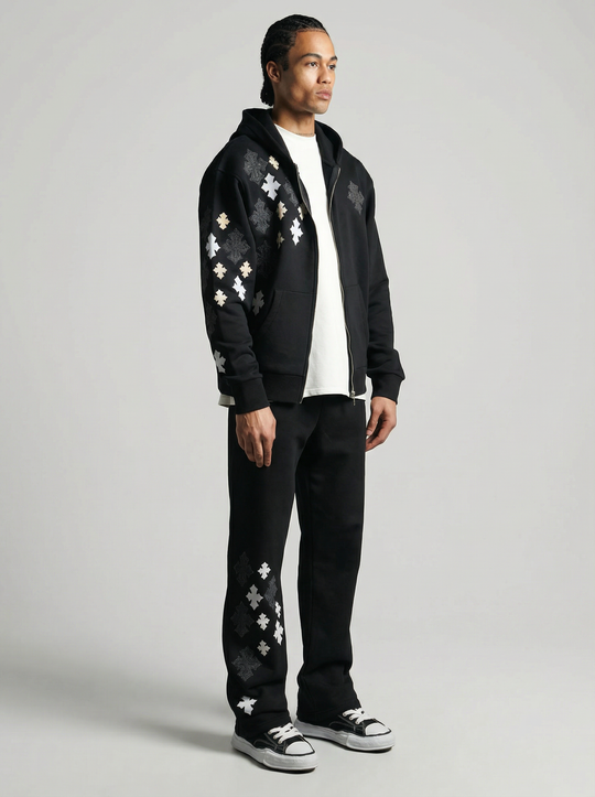 Ensemble Survêtement à Capuche Veste & Pantalon Motifs Streetwear - NOIR