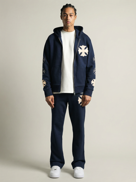 Ensemble à Capuche Veste Zippée et Pantalon Motifs Brodés - Bleu Marine