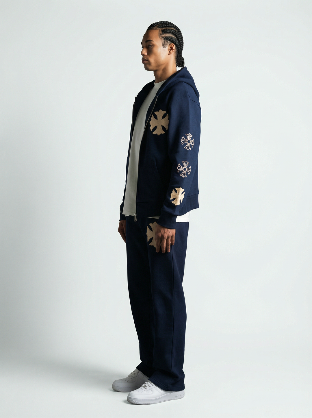 Ensemble à Capuche Veste Zippée et Pantalon Motifs Brodés - Bleu Marine