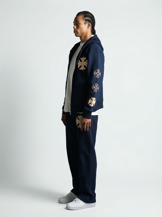 Ensemble à Capuche Veste Zippée et Pantalon Motifs Brodés - Bleu Marine