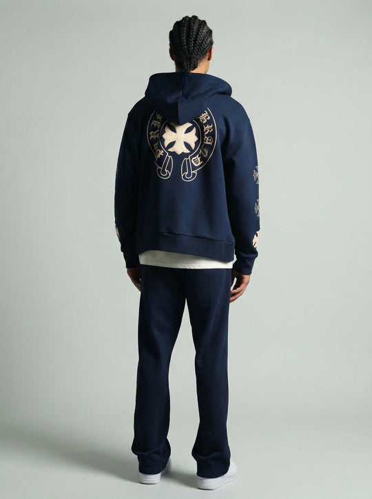 Ensemble à Capuche Veste Zippée et Pantalon Motifs Brodés - Bleu Marine