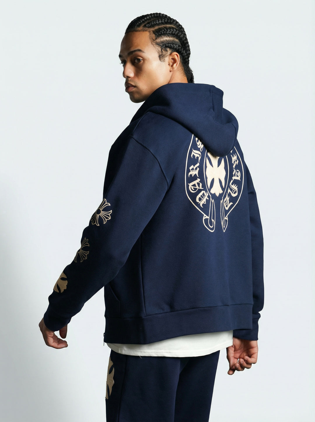 Ensemble à Capuche Veste Zippée et Pantalon Motifs Brodés - Bleu Marine