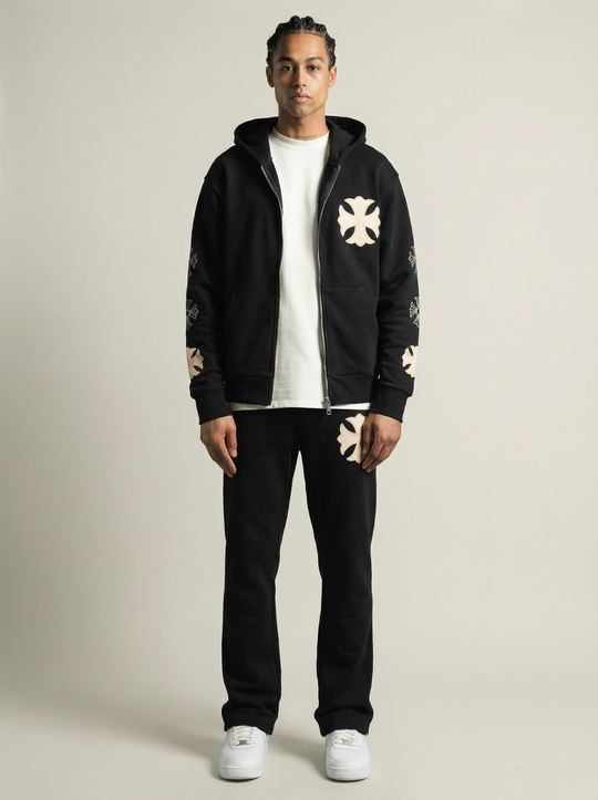 Ensemble à Capuche Veste Zippée et Pantalon Motifs Brodés - Noir