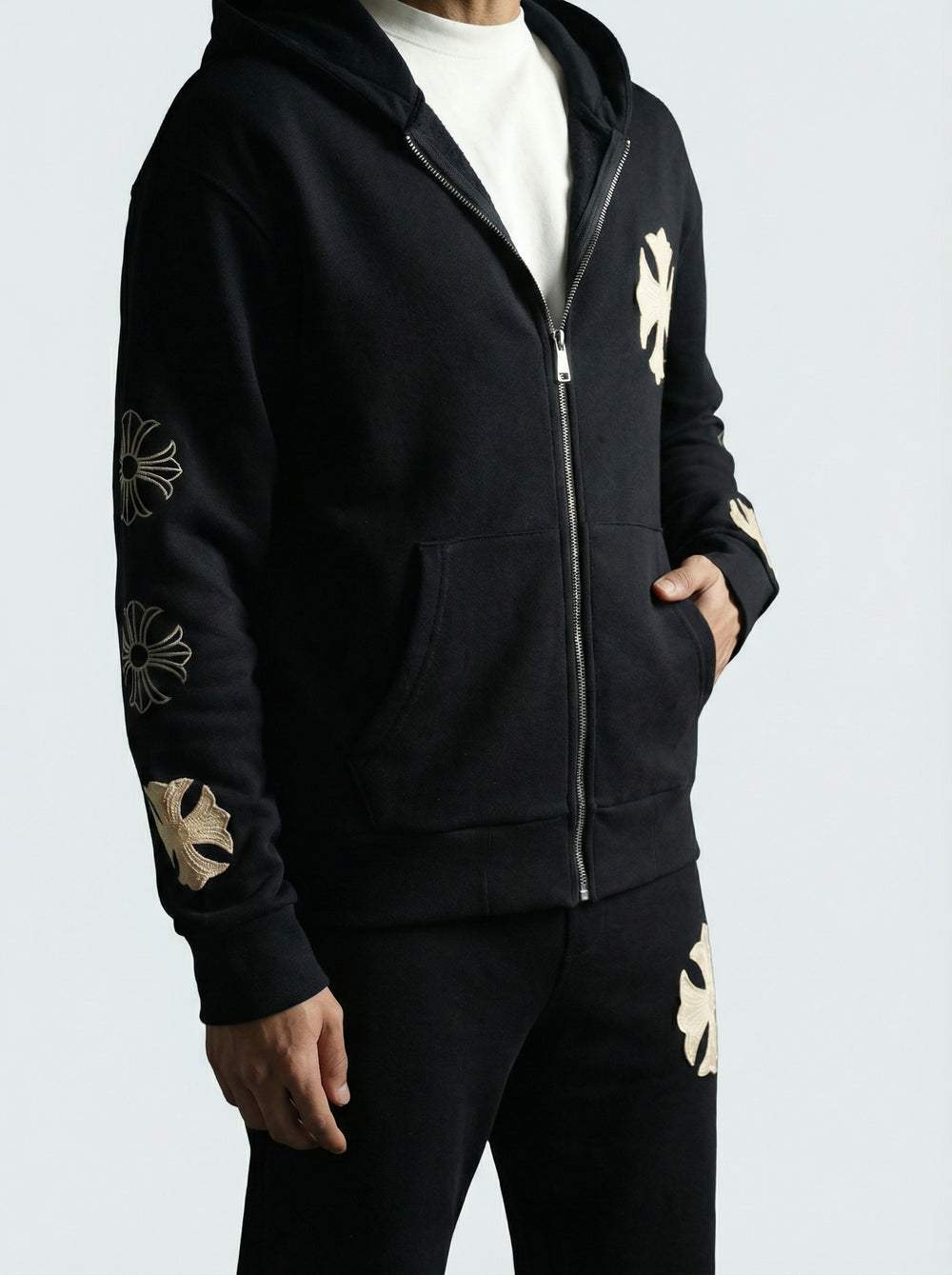 Ensemble à Capuche Veste Zippée et Pantalon Motifs Brodés - Noir