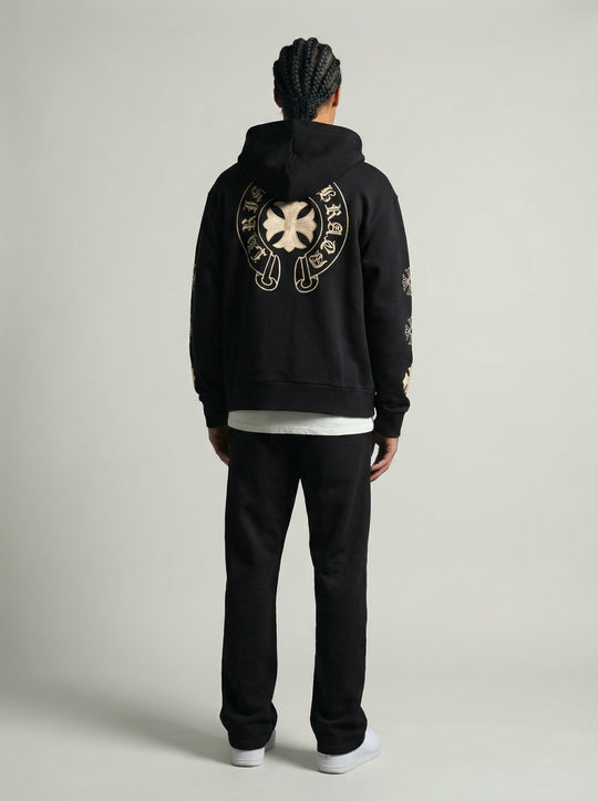 Ensemble à Capuche Veste Zippée et Pantalon Motifs Brodés - Noir