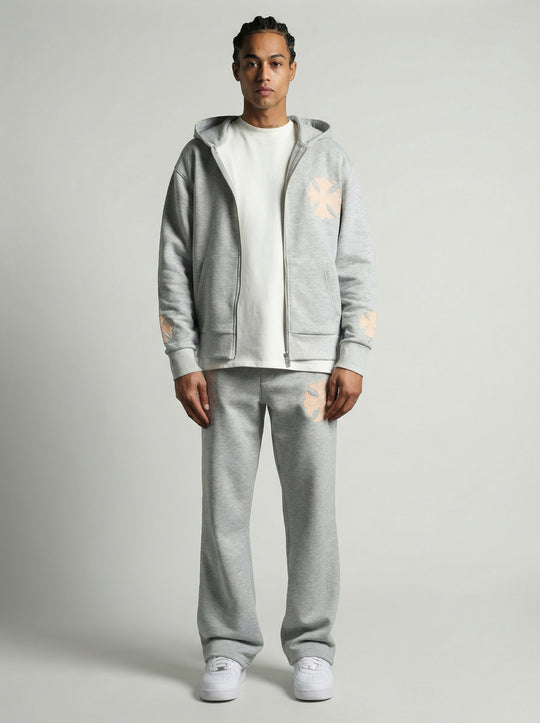 Ensemble à Capuche Veste Zippée et Pantalon Motifs Brodés - Gris