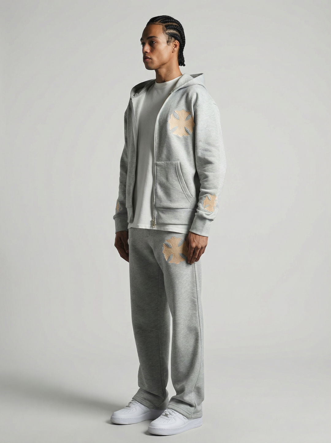 Ensemble à Capuche Veste Zippée et Pantalon Motifs Brodés - Gris