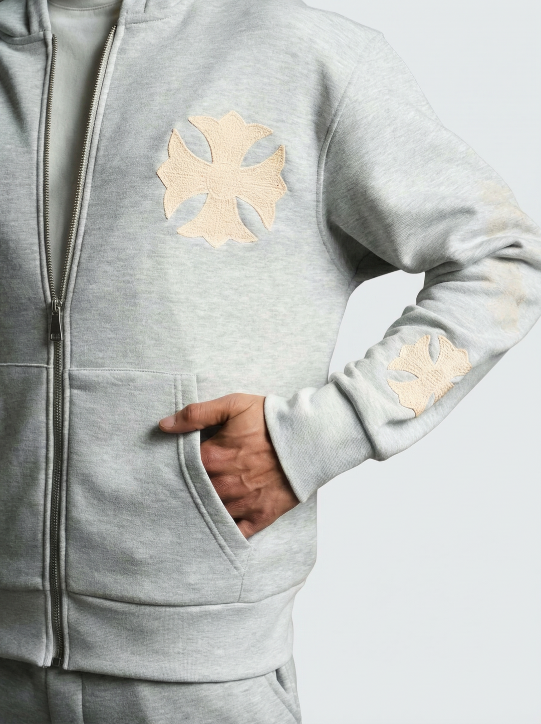 Ensemble à Capuche Veste Zippée et Pantalon Motifs Brodés - Gris