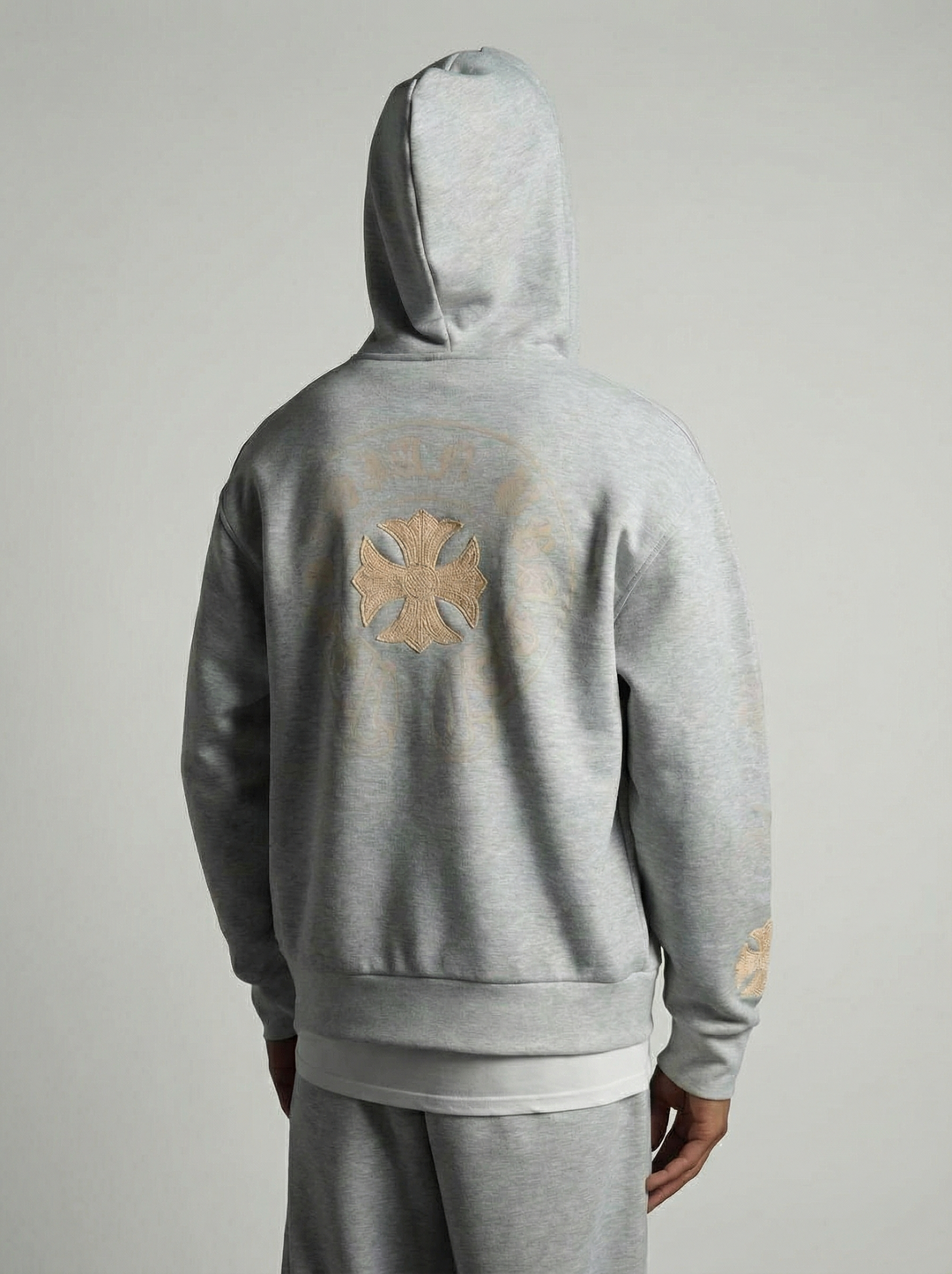 Ensemble à Capuche Veste Zippée et Pantalon Motifs Brodés - Gris