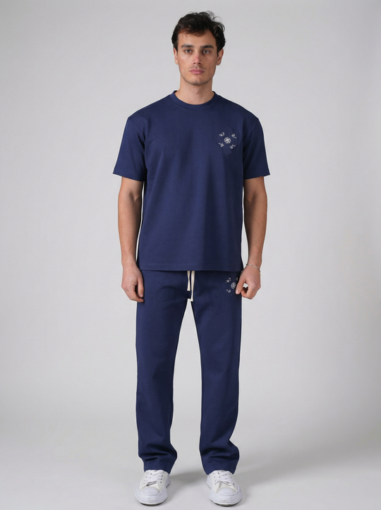 Ensemble Homme Premium T-Shirt et Pantalon avec Logo Brodé - Bleu Marine