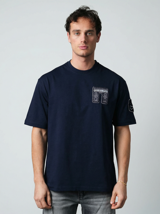 T-Shirt Homme Streetwear Patch Brodé Dos - Bleu Marine