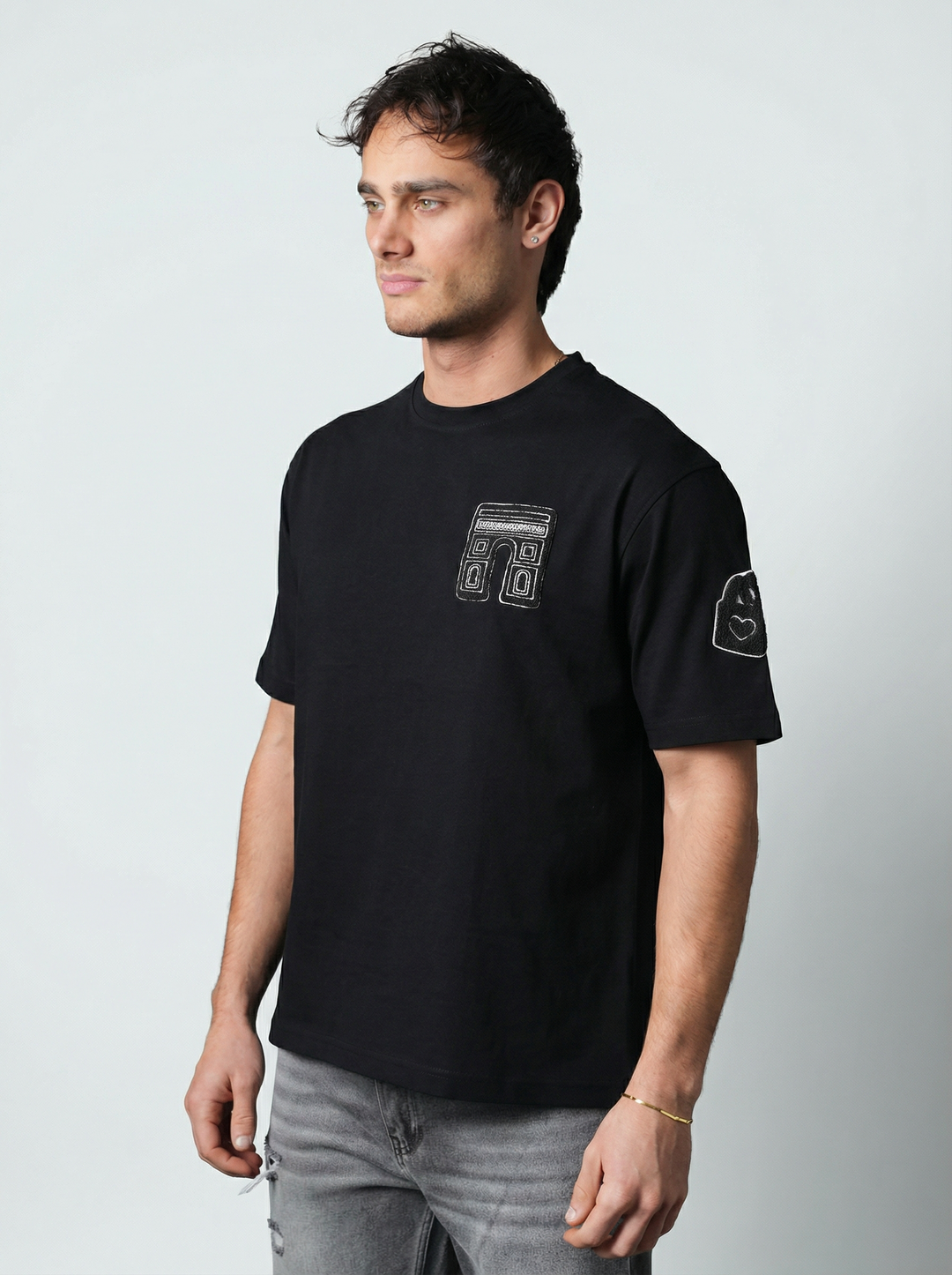 T-Shirt Homme Streetwear Patch Brodé Dos - Noir