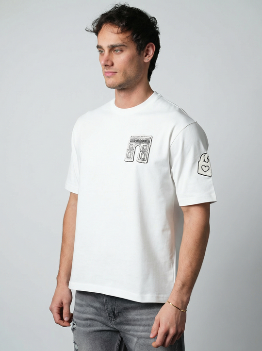 T-Shirt Homme Streetwear Patch Brodé Dos - Blanc