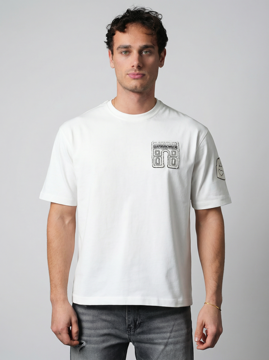 T-Shirt Homme Streetwear Patch Brodé Dos - Blanc