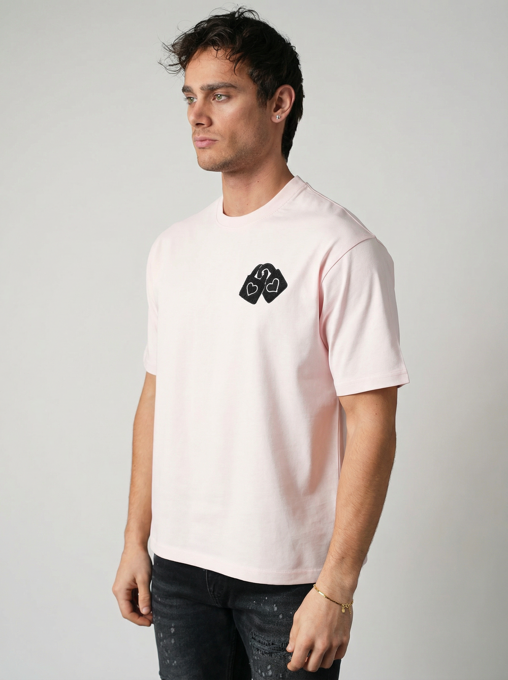 T-Shirt Homme Streetwear Patch Cœurs Brodés - Rose