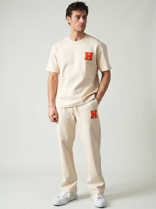 Ensemble Homme Premium T-Shirt et Pantalon H Patch Chenille - Beige