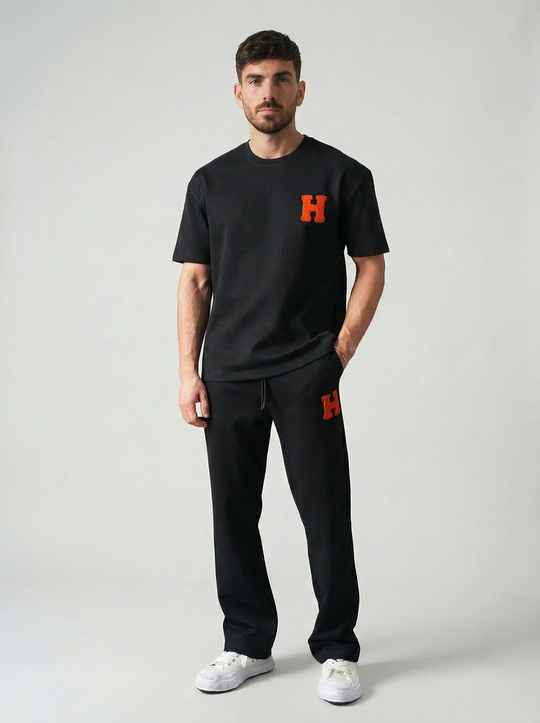 Ensemble Homme Premium T-Shirt et Pantalon H Patch Chenille - Noir