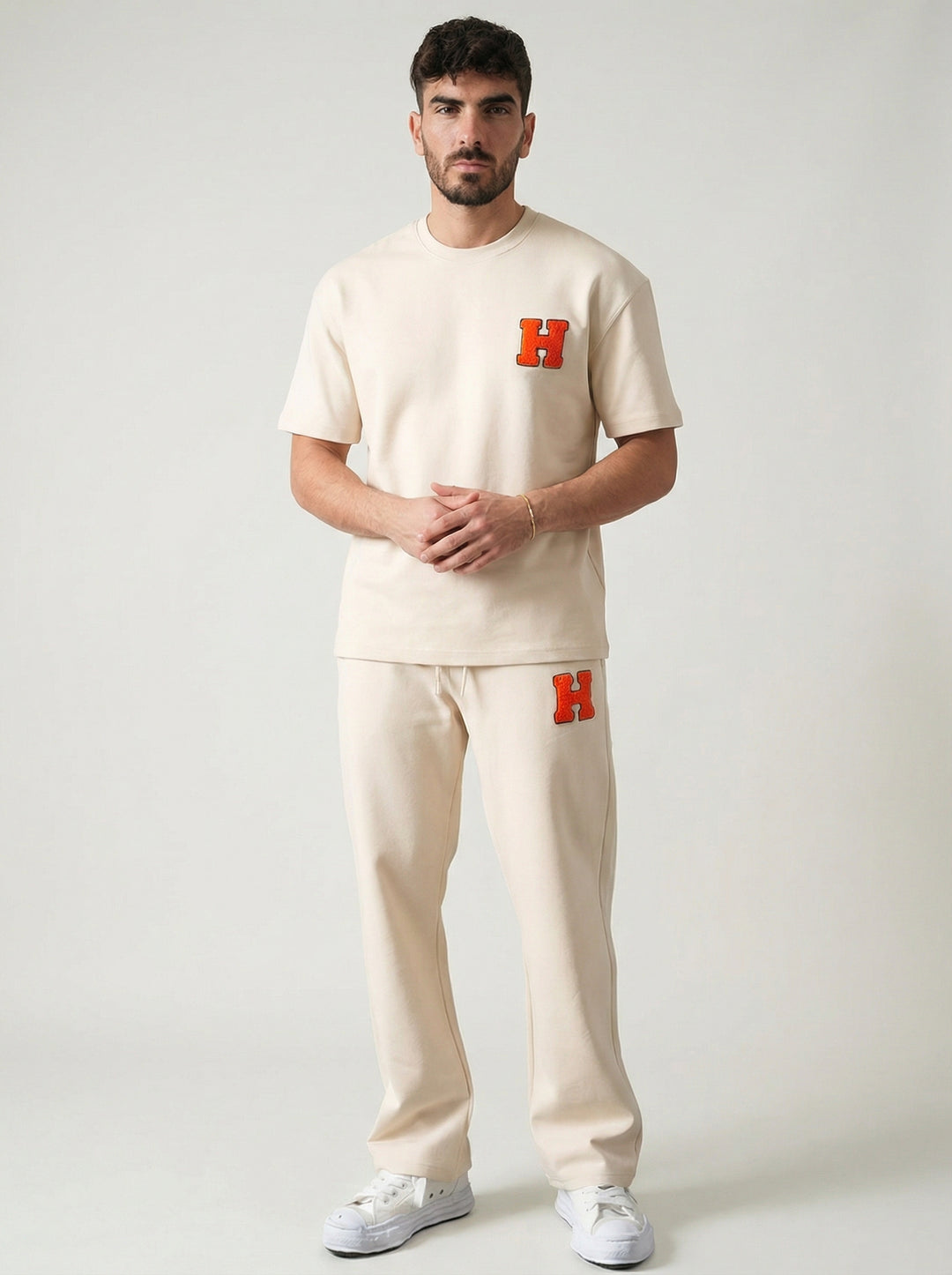 Ensemble Homme Premium T-Shirt et Pantalon H Patch Chenille - Beige
