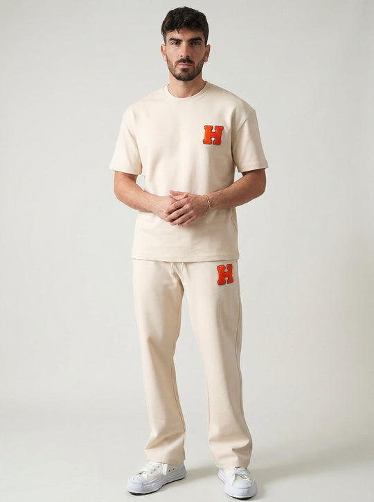 Ensemble Homme Premium T-Shirt et Pantalon H Patch Chenille - Beige