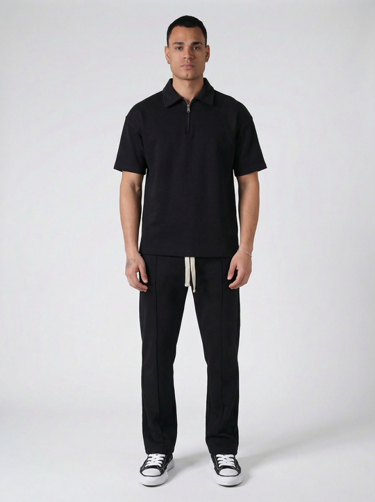 Ensemble Homme Polo Zippé et Pantalon Coupe Moderne - Noir