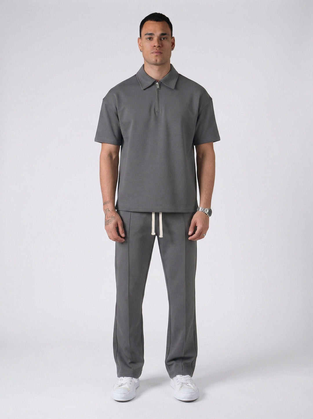 Ensemble Homme Polo Zippé et Pantalon Coupe Moderne - Gris