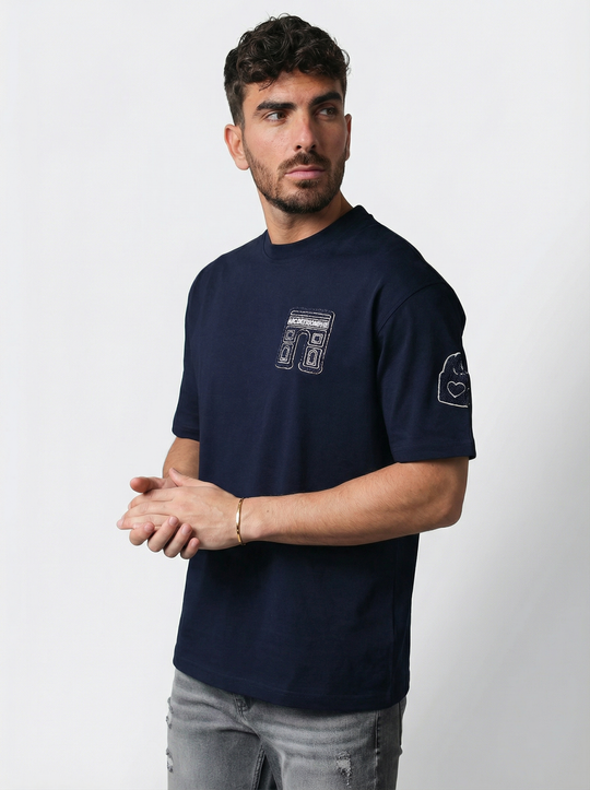 T-Shirt Homme Streetwear Patch Brodé Dos - Bleu Marine