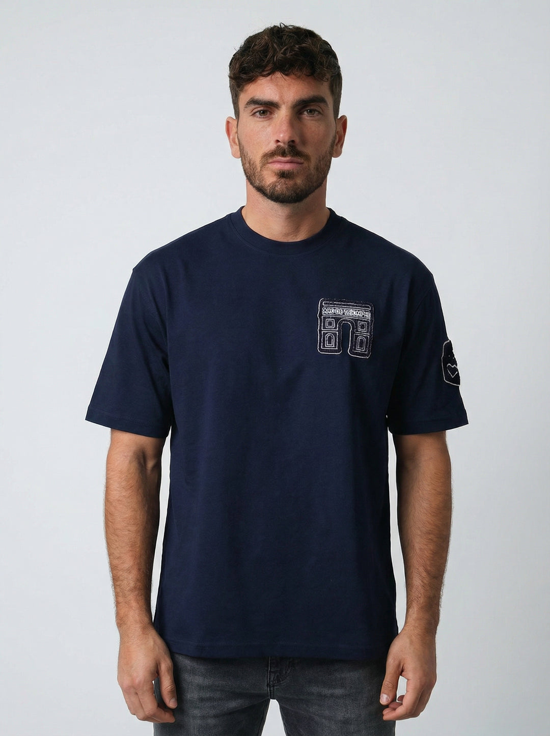 T-Shirt Homme Streetwear Patch Brodé Dos - Bleu Marine