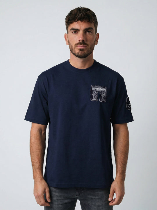 T-Shirt Homme Streetwear Patch Brodé Dos - Bleu Marine