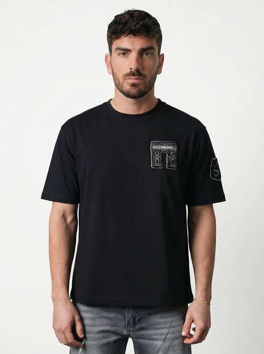 T-Shirt Homme Streetwear Patch Brodé Dos - Noir