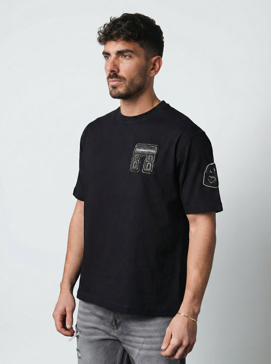 T-Shirt Homme Streetwear Patch Brodé Dos - Noir