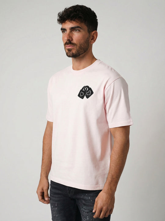 T-Shirt Homme Streetwear Patch Cœurs Brodés - Rose