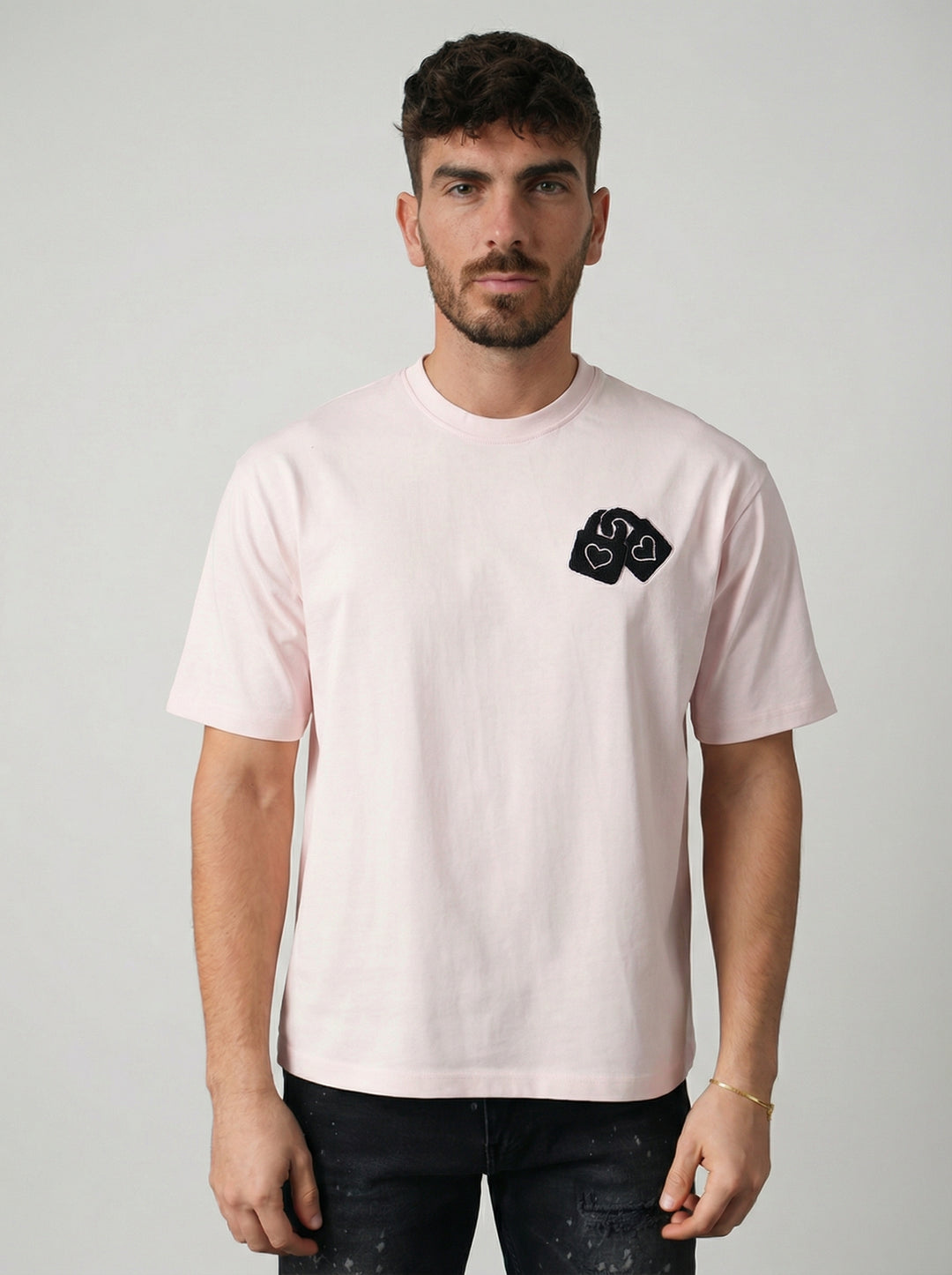 T-Shirt Homme Streetwear Patch Cœurs Brodés - Rose