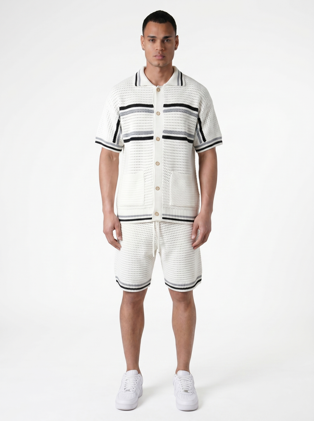 Ensemble Chemise & Short Texturé Maille - Blanc