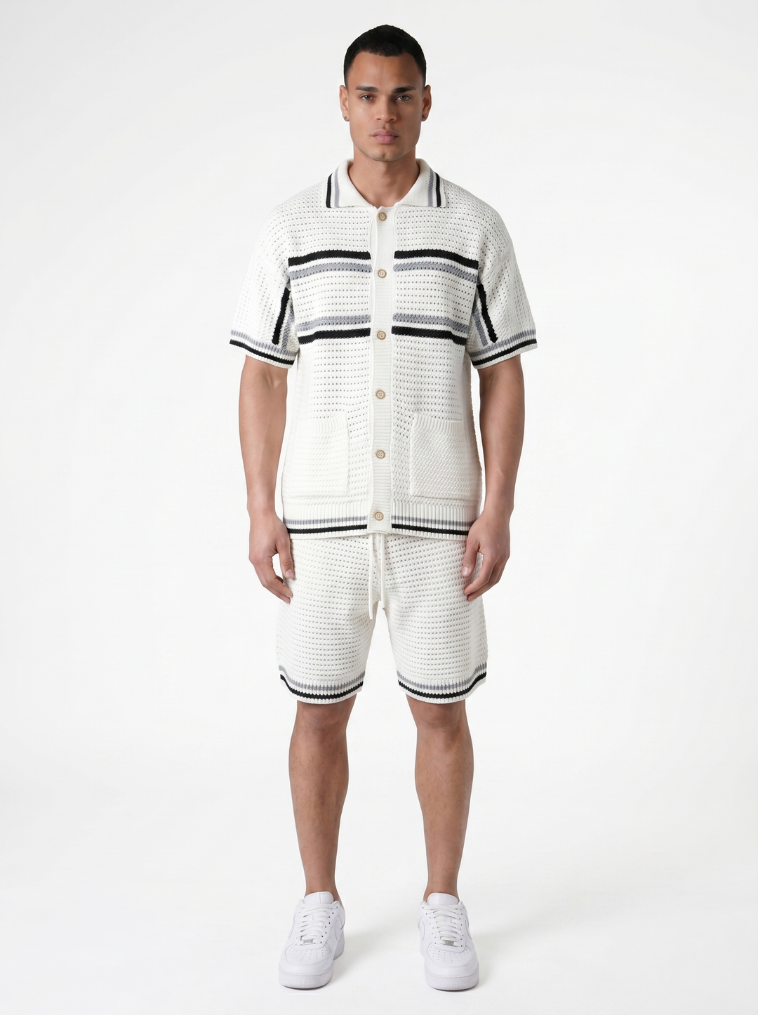 Ensemble Chemise & Short Texturé Maille - Blanc