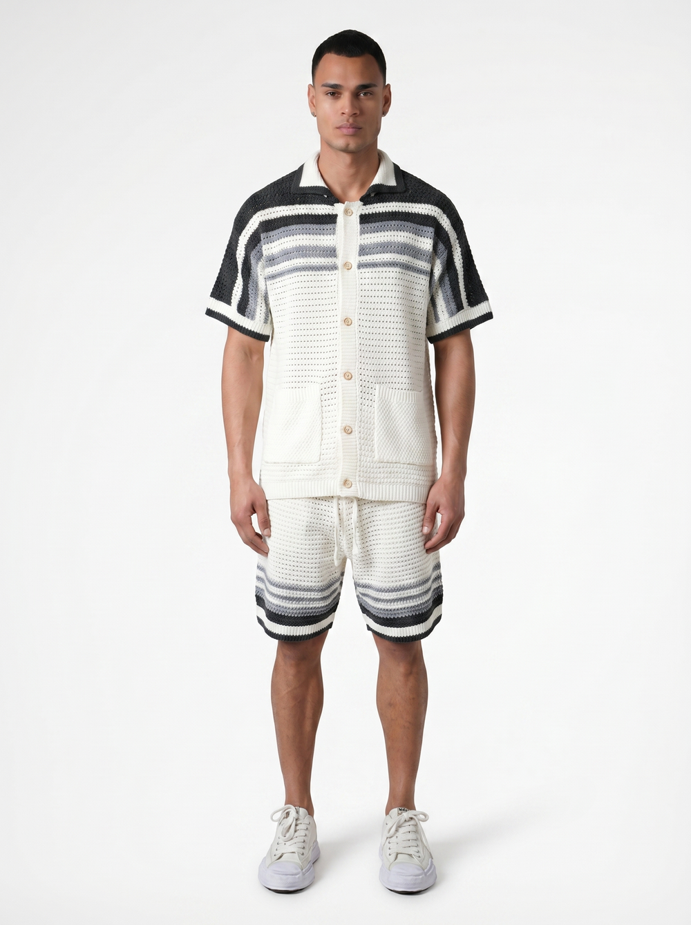 Ensemble Chemise & Short Texturé Maille - Blanc/gris