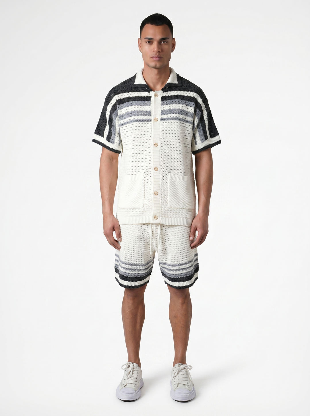 Ensemble Chemise & Short Texturé Maille - Blanc/gris