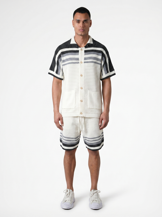Ensemble Chemise & Short Texturé Maille - Blanc/gris