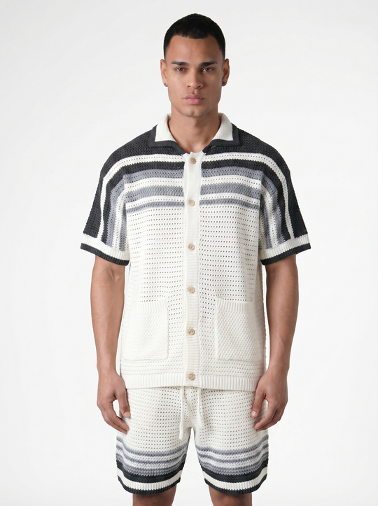 Ensemble Chemise & Short Texturé Maille - Blanc/gris