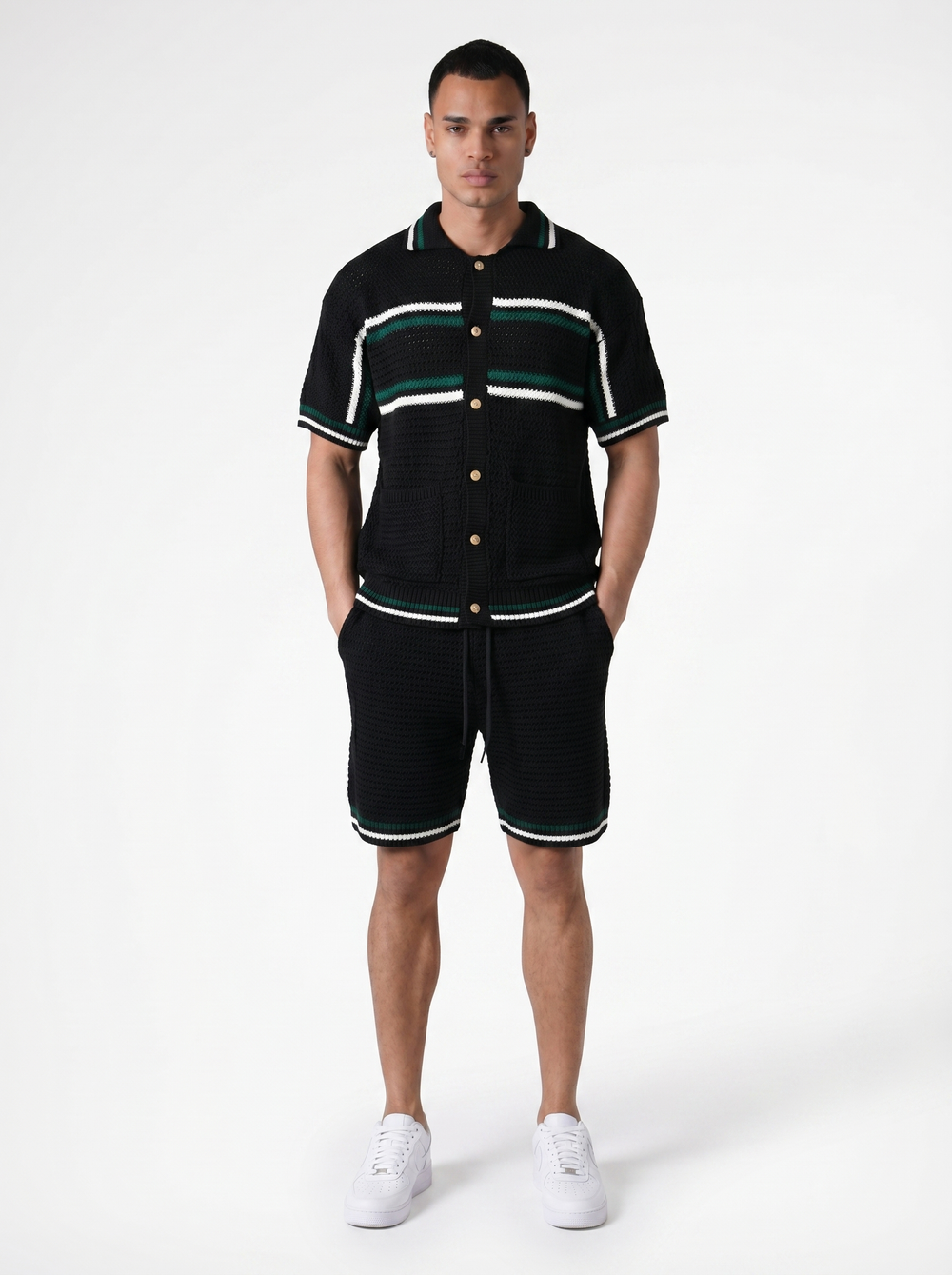 Ensemble Chemise & Short Texturé Maille - Noir/Vert