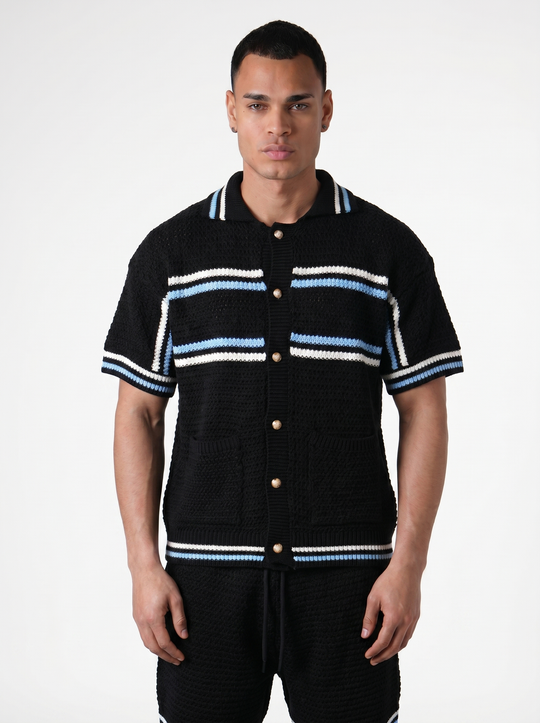 Ensemble Chemise & Short Texturé Maille - Noir/Bleu