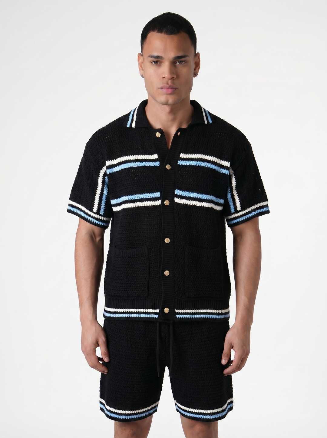 Ensemble Chemise & Short Texturé Maille - Noir/Bleu