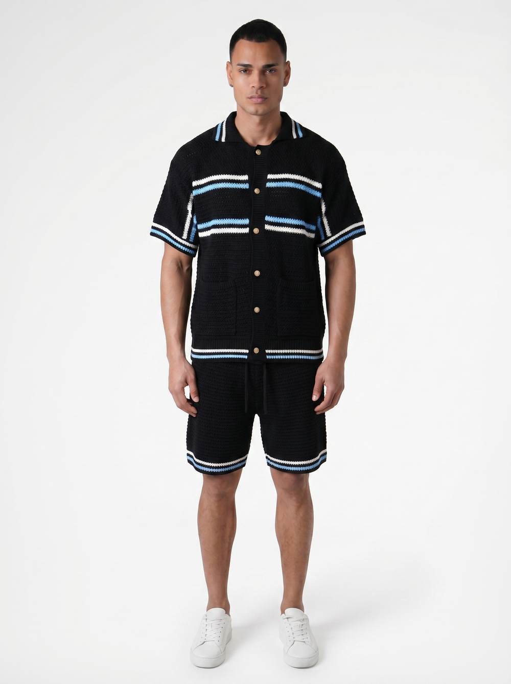 Ensemble Chemise & Short Texturé Maille - Noir/Bleu