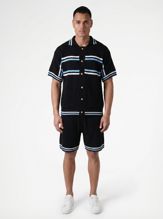 Ensemble Chemise & Short Texturé Maille - Noir/Bleu