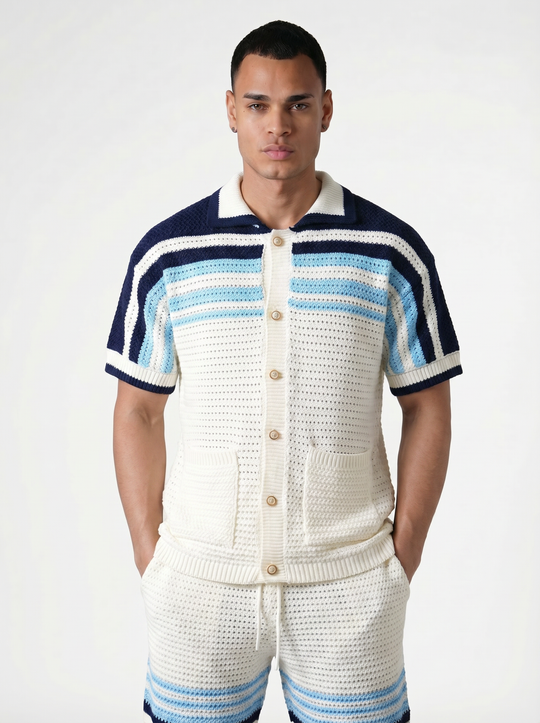 Ensemble Chemise & Short Texturé Maille - Blanc/bleu