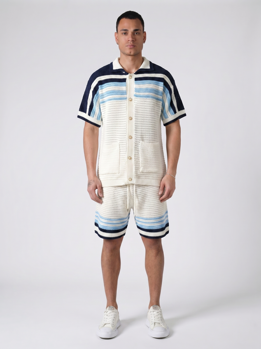 Ensemble Chemise & Short Texturé Maille - Blanc/bleu