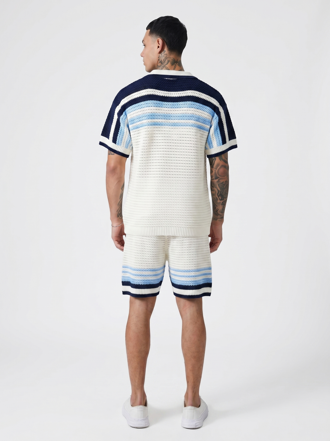 Ensemble Chemise & Short Texturé Maille - Blanc/bleu