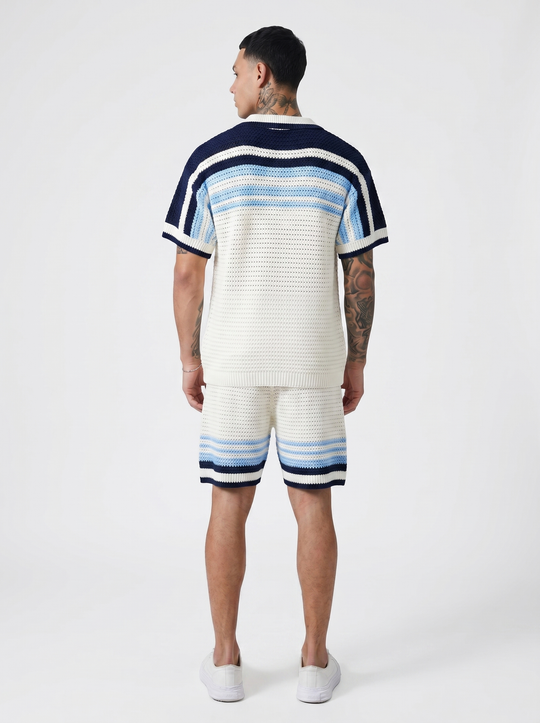 Ensemble Chemise & Short Texturé Maille - Blanc/bleu