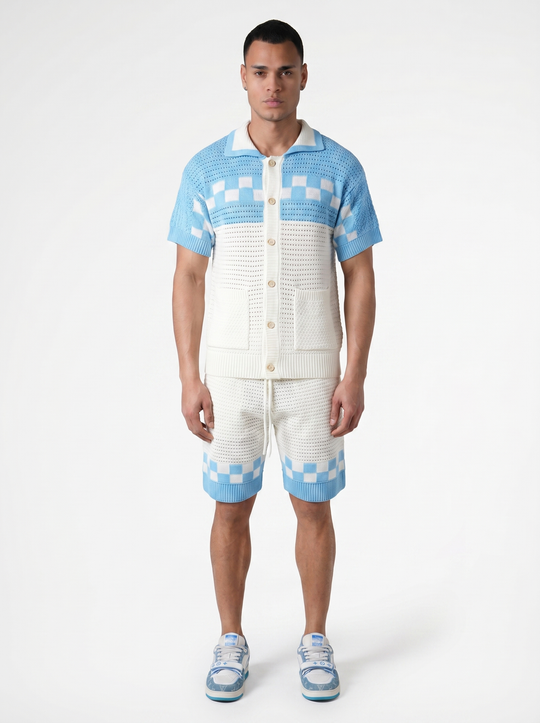 Ensemble Chemise & Short Texturé Maille motifs carreau - Blanc/Bleu ciel