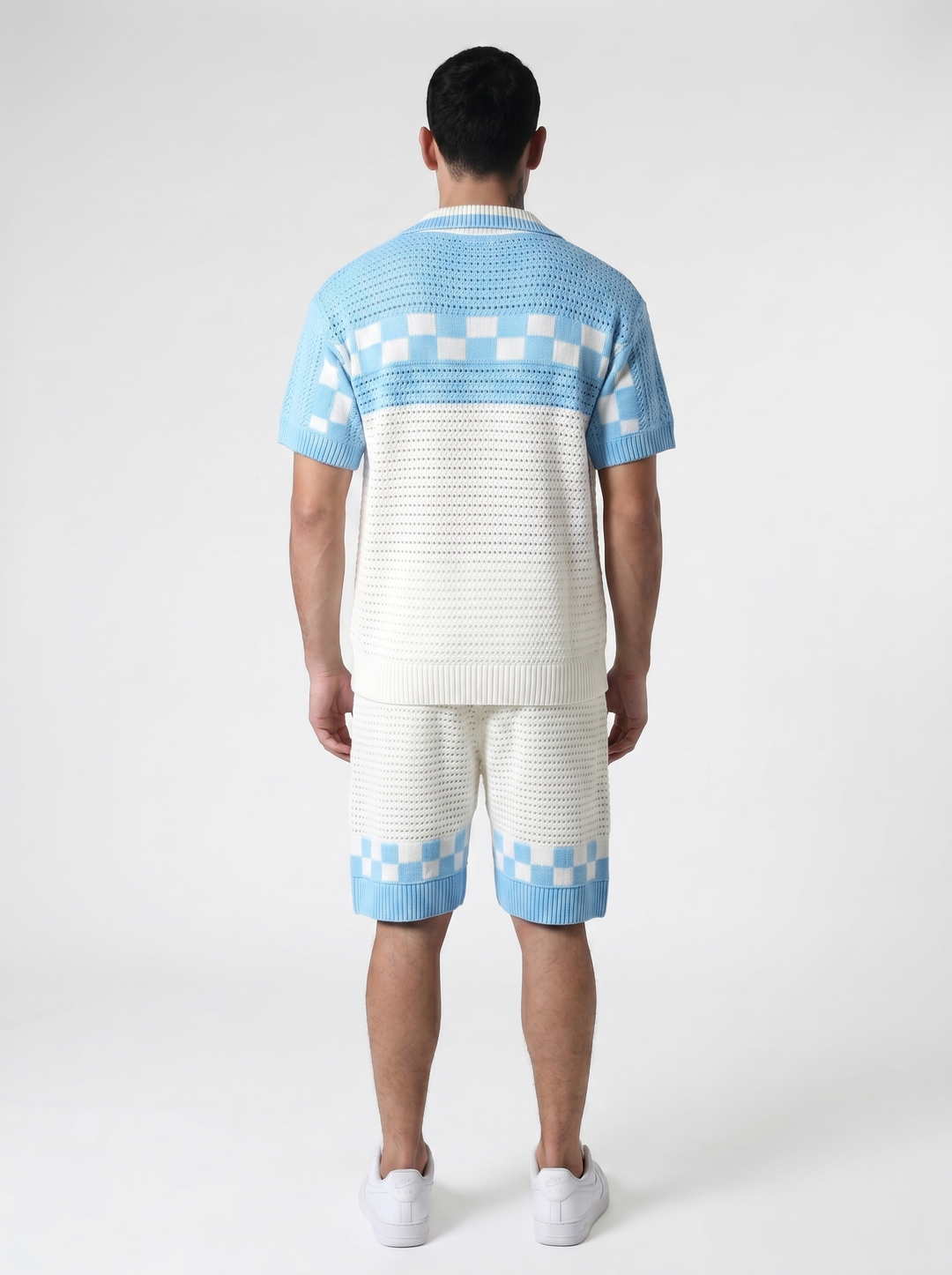 Ensemble Chemise & Short Texturé Maille motifs carreau - Blanc/Bleu ciel